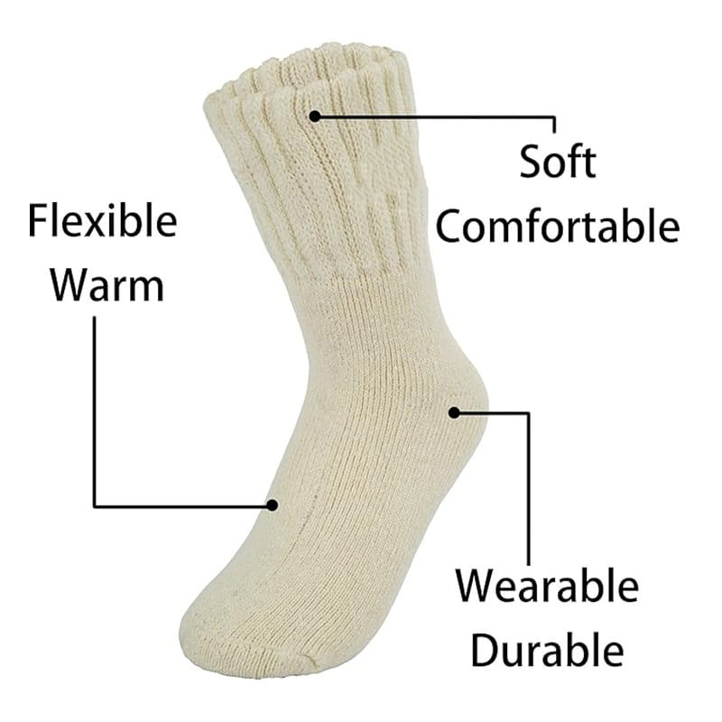 Cream-colored running socks made of ribbed knit material with thick cushioned crew design for flexible and warm performance.