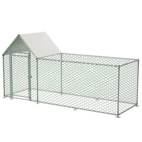 Silver galvanized metal chicken coop run with hexagonal wire mesh and white roof for poultry habitat.