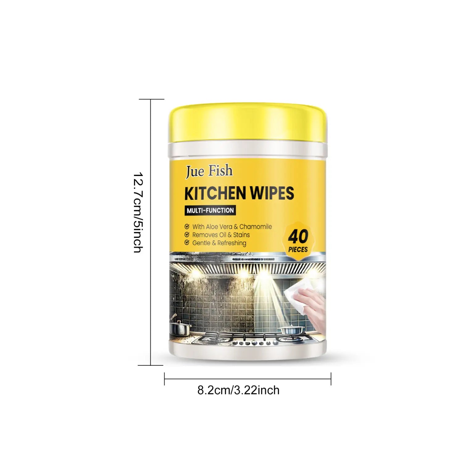 récipient cylindrique jaune pour lingettes de cuisine multifonctions Jue Fish, avec une bande argentée et un couvercle, portant sur l’étiquette l’image d’une cuisine propre pour les lingettes de nettoyage pour cuisine dégraissantes multi-usages, lot de 40 unités.
