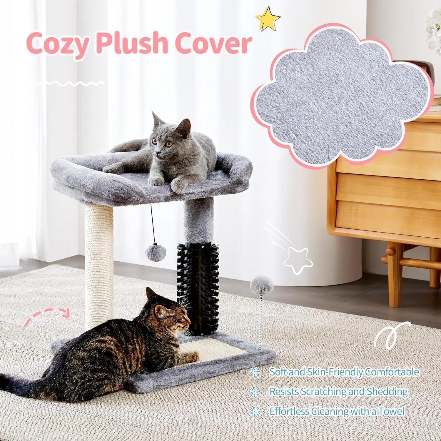 Gray plush cat tree tower with soft cozy cover and sisal scratching posts for feline play and rest