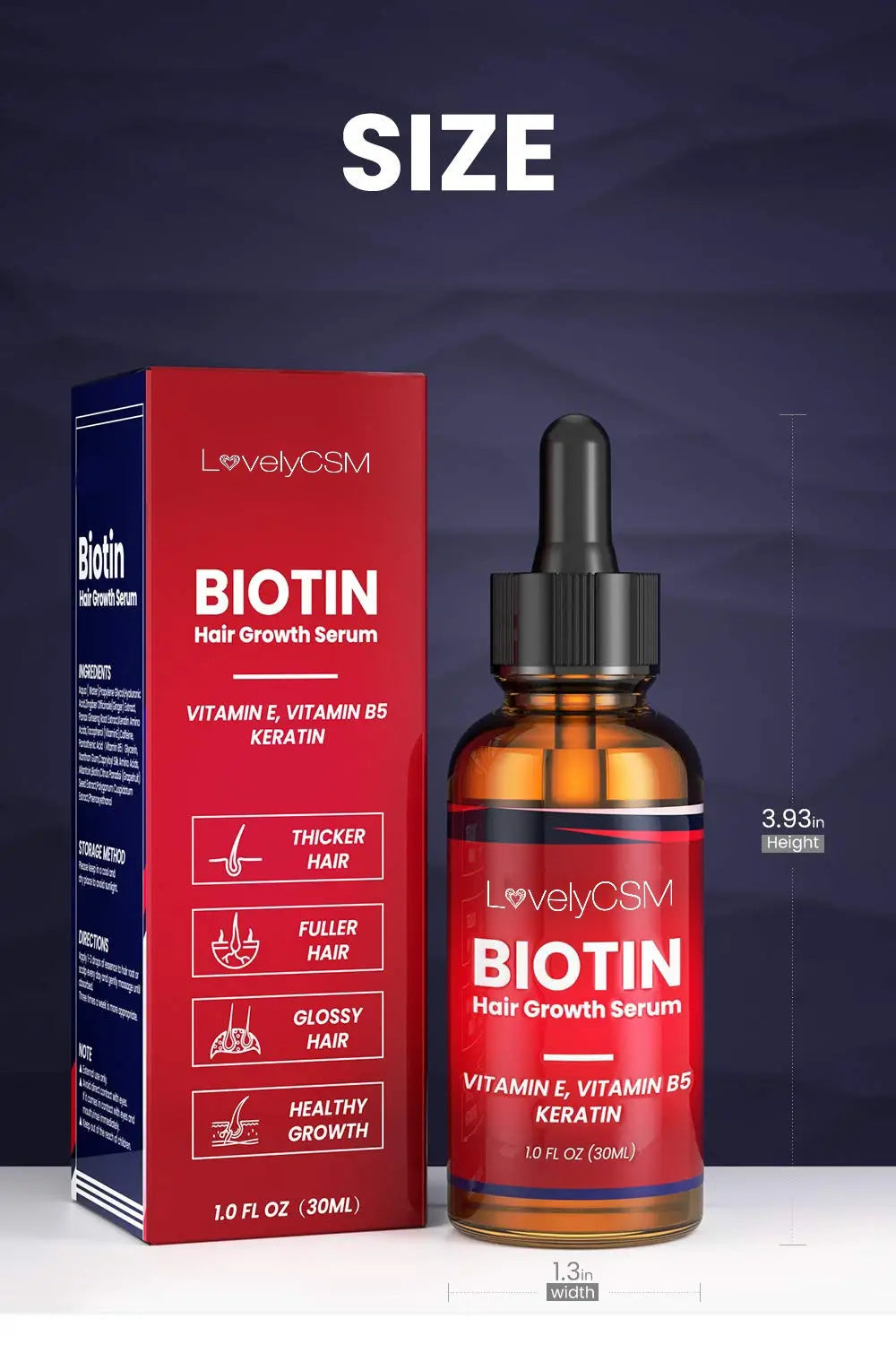 Una caja roja y negra rotulada como suero para el crecimiento del cabello con biotina de lovelycsm, con un gotero y un frasco que contiene en su interior un líquido de aceite de jengibre ámbar para el cuidado del cabello.