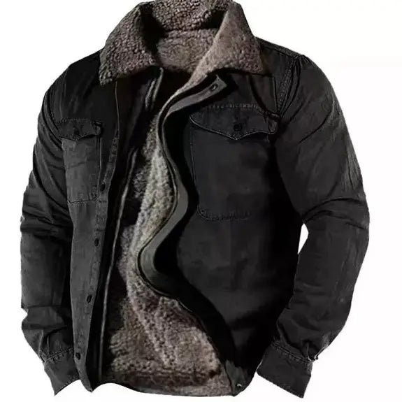 Veste en denim noir pour homme, doublée de polaire, avec un col en shearling gris duveteux et une doublure.