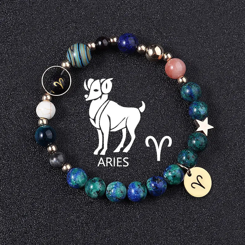 Natural stone zodiac constellation beaded bracelet featuring aries symbol charms with blue green and pink stones and metallic accents.