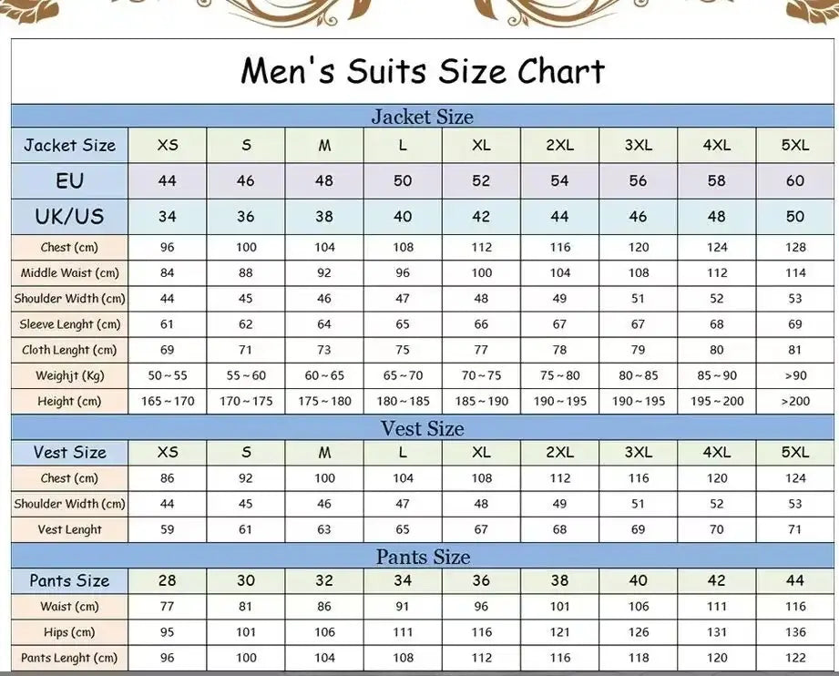 men herringbone slim fit suit jacket size chart showing measurements for jacket, vest, and pants across eu, uk/us sizes, chest, waist, shoulder width, sleeve length, cloth length, weight, and height.