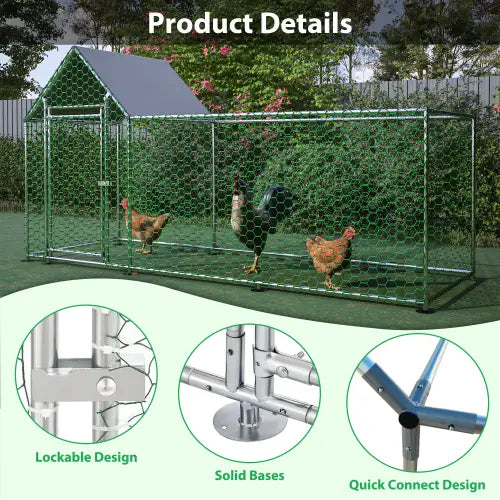Green galvanized metal chicken coop with a gray roof and hexagonal wire mesh panels for a metal chicken coop run and poultry habitat cage.