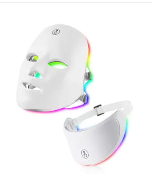 White LED beauty mask with rainbow-colored light display and adjustable headband in a 3-in-1 rejuvenation set.