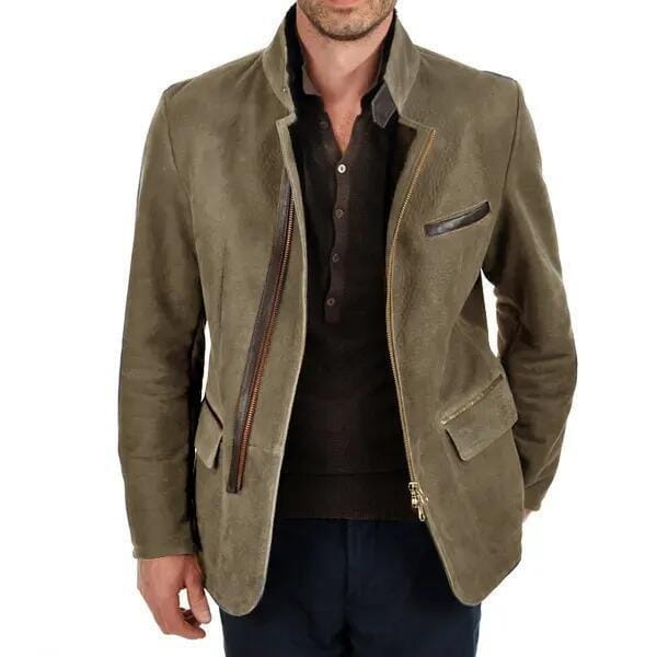 Olive green suede men casual jacket with stand collar and zipper front featuring dark brown leather accents.