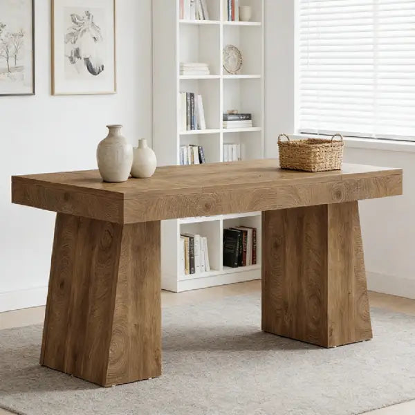 Una mesa de comedor rústica de madera con un acabado natural y grueso y patas robustas y cuadradas, adecuada como escritorio de estilo rústico.