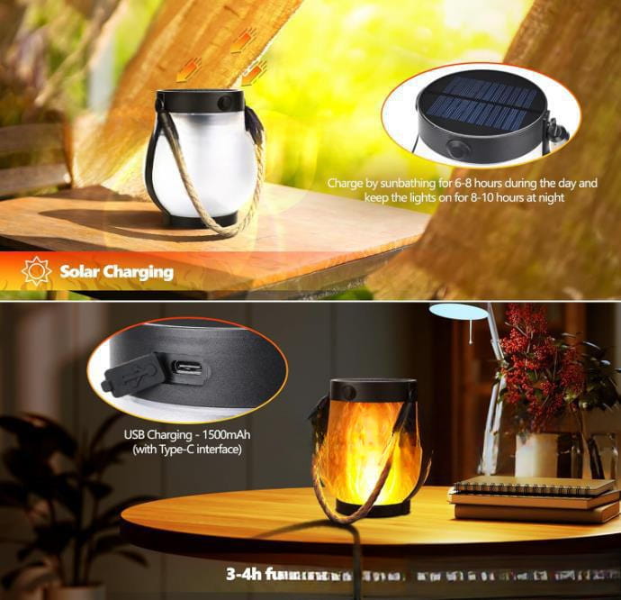 Silver flickering flame garden lamp with black solar panel top and braided rope handle featuring usb-c charging capability