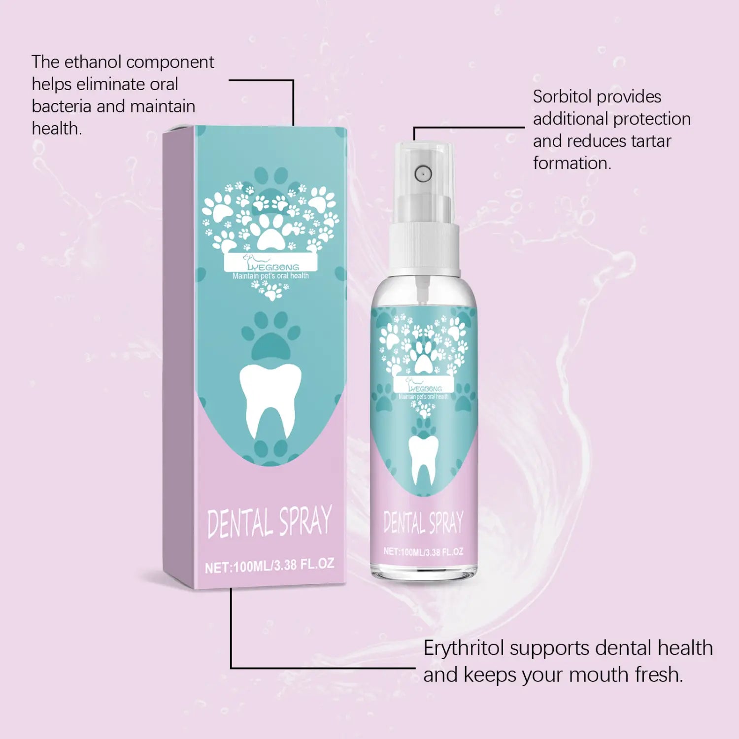 Un vaporisateur transparent doté d’une pompe blanche et d’une étiquette rose violacé, avec des motifs d’empreintes de patte et un design de dent, à côté d’une boîte assortie turquoise et lavande de spray dentaire pour animaux de compagnie pour l’hygiène bucco-dentaire et le rafraîchissement de l’haleine.