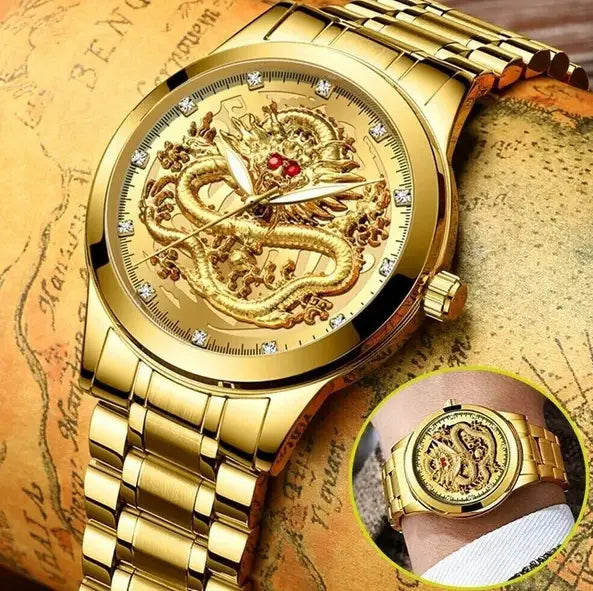 Men’s luxury 18k gold dragon diamond quartz watch featuring a golden dragon-themed dial with detailed 3d engraving, diamond accents at hour markers, and a polished stainless steel bracelet.