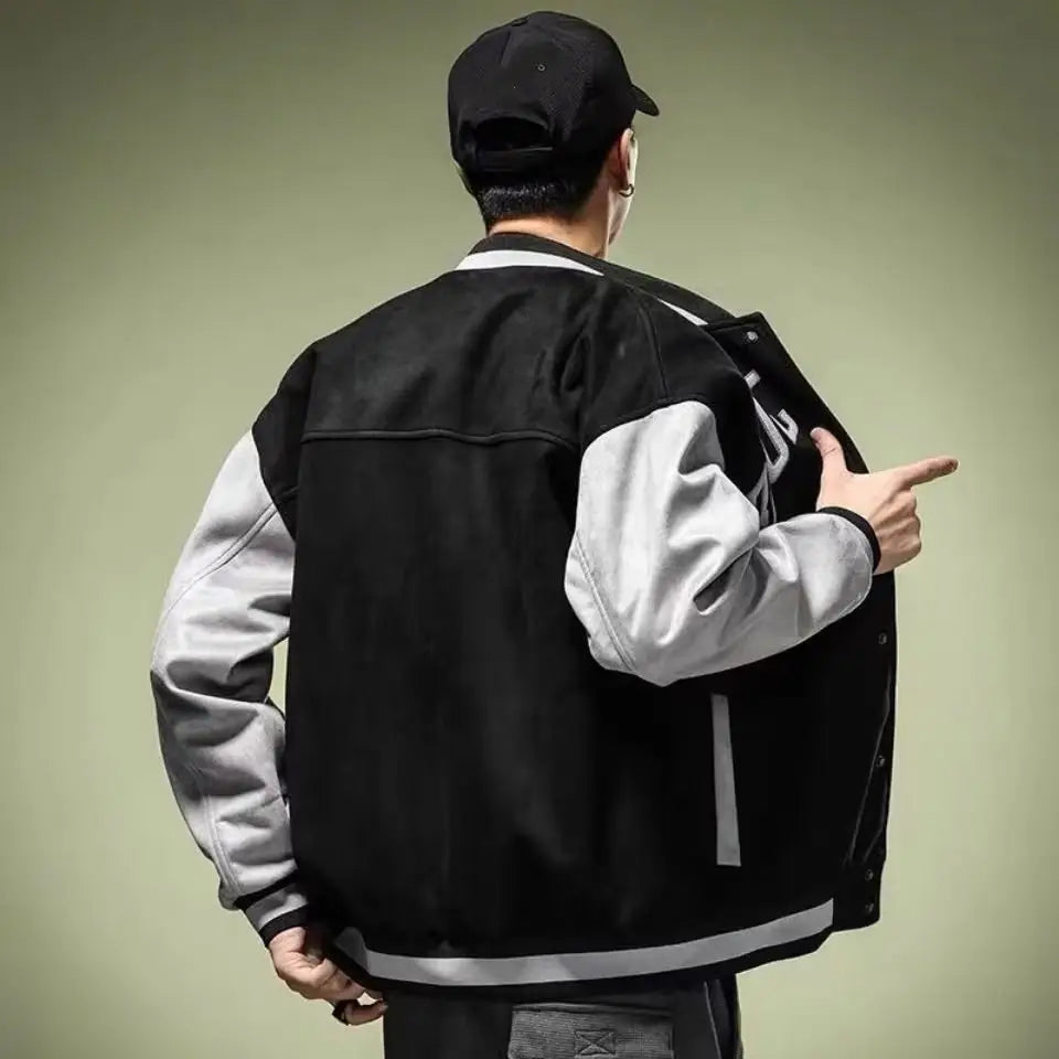 black and gray varsity jacket korean style loose casual top featuring contrasting sleeves and reflective stripes.