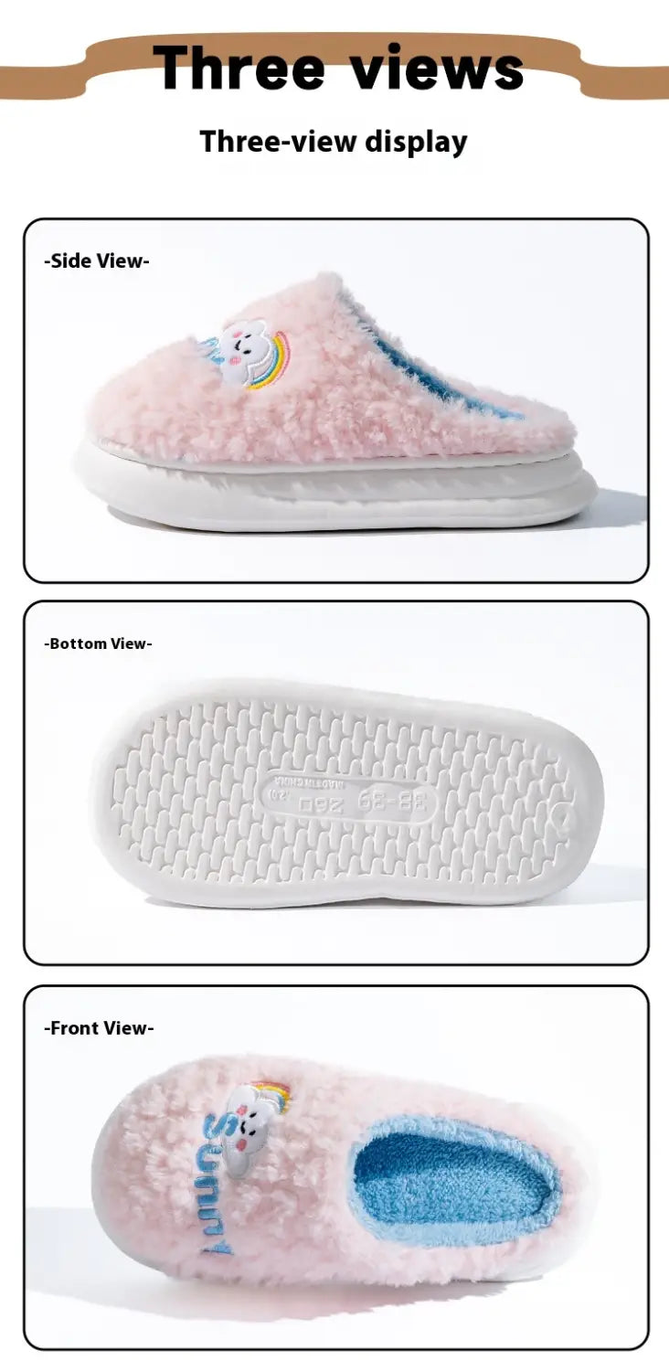 Smiling Cloud and Rainbow plush cotton slipper in pink features a rainbow unicorn embroidered on the front and blue lining inside.