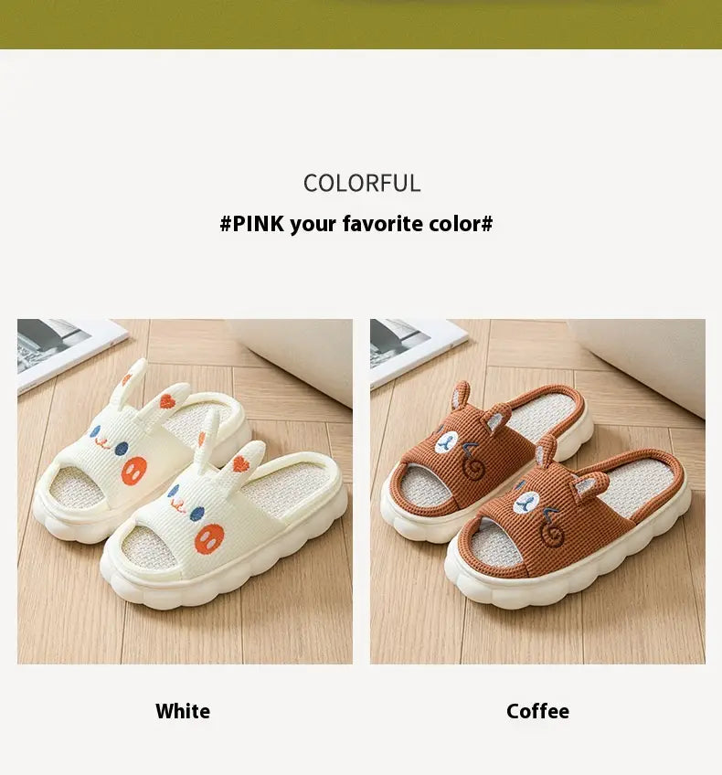 white and coffee-colored cartoon animal embroidered open toe linen slippers with fluffy ear details and slide sandal design