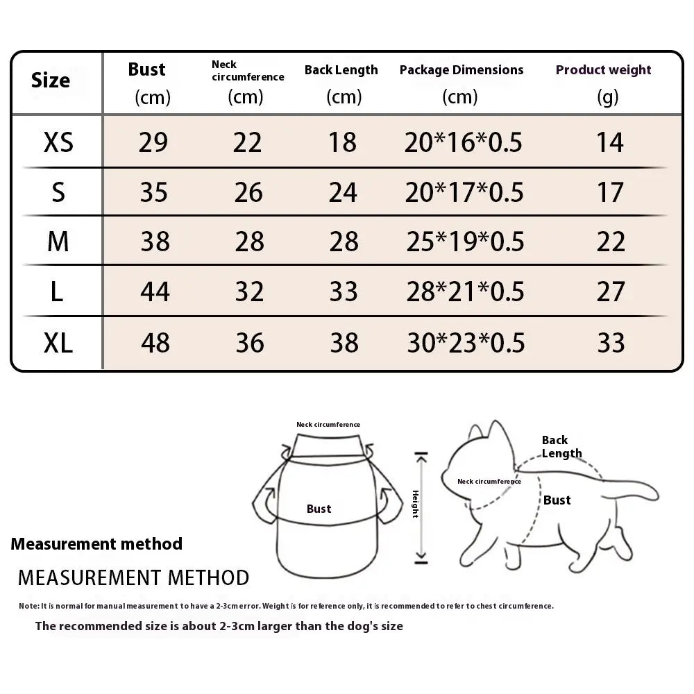 Tabla de tallas para chaleco de malla para perro con bandera estadounidense, camiseta para mascota en EE. UU., que muestra las medidas de la prenda del perro en centímetros para contorno de pecho, circunferencia de cuello, largo de espalda, dimensiones del paquete y peso del producto en tallas desde XS hasta XL.
