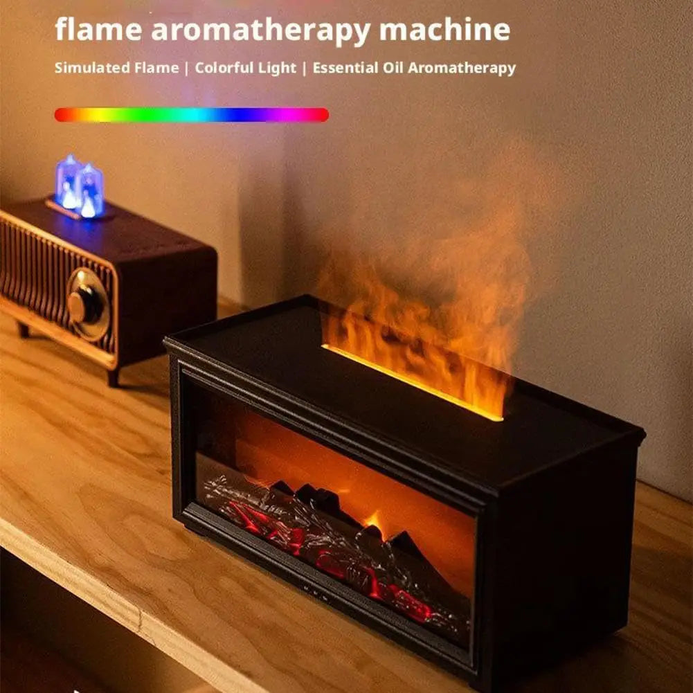 black rectangular flame humidifier volcano aromatherapy diffuser light with simulated orange flames and glowing red embers inside a glass front for decorative aromatherapy use