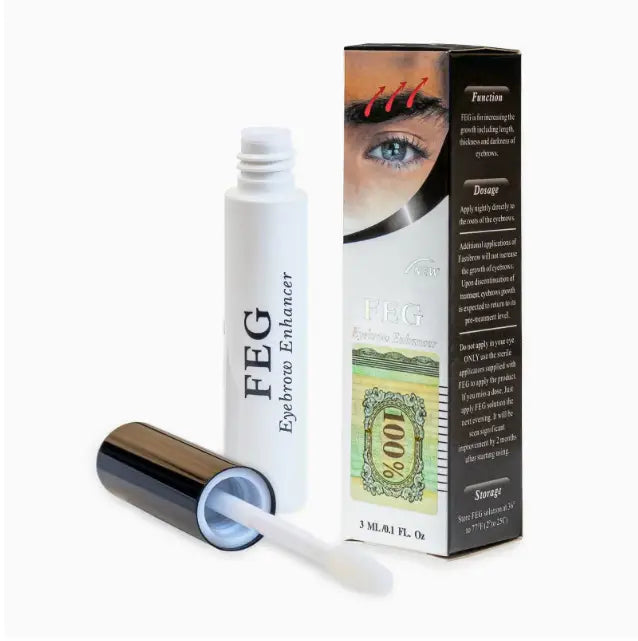 white cylindrical tube of feg eyebrow enhancer growth serum with metallic cap and applicator displayed next to branded packaging for longer brows