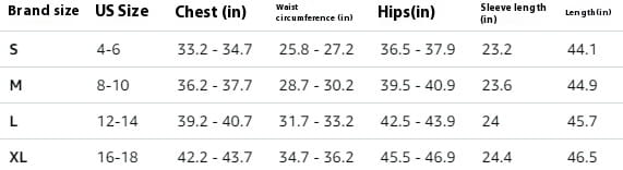 The image displays a size chart for a women’s elegant sleeveless pleated maxi dress with pockets listing US sizes from S to XL with corresponding chest waist hips sleeve length and overall length measurements.