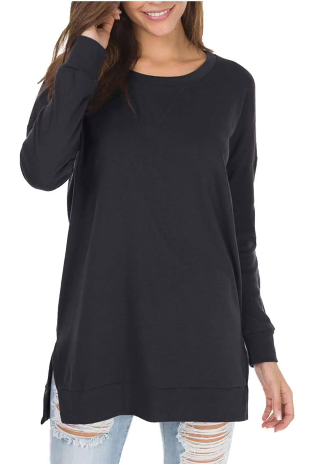 Black long-sleeved split front relaxed knit sweater featuring a relaxed fit and side slits.