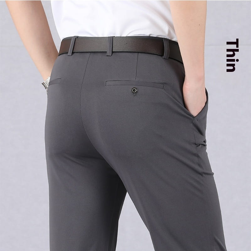 Dunkelgraue Slim-Fit-Eis-Seiden-Leichtgewicht-Anzughose mit schlankem, modernem Design und dezenten Nähten.
