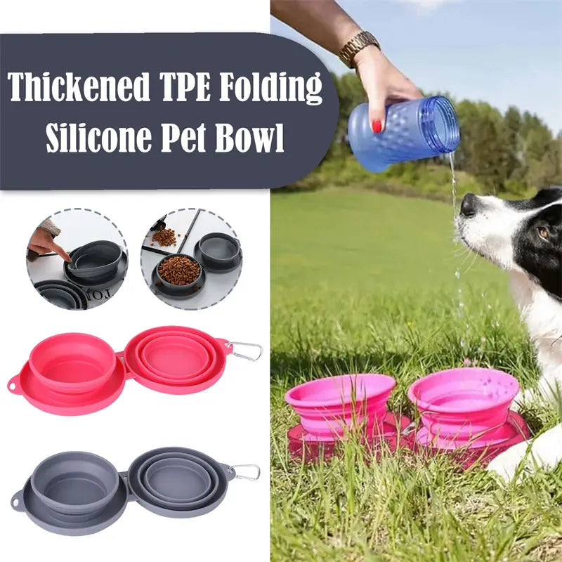 Collapsible dog bowl double silicone travel set featuring pink and gray thickened TPE folding silicone pet bowls with carabiner clips.