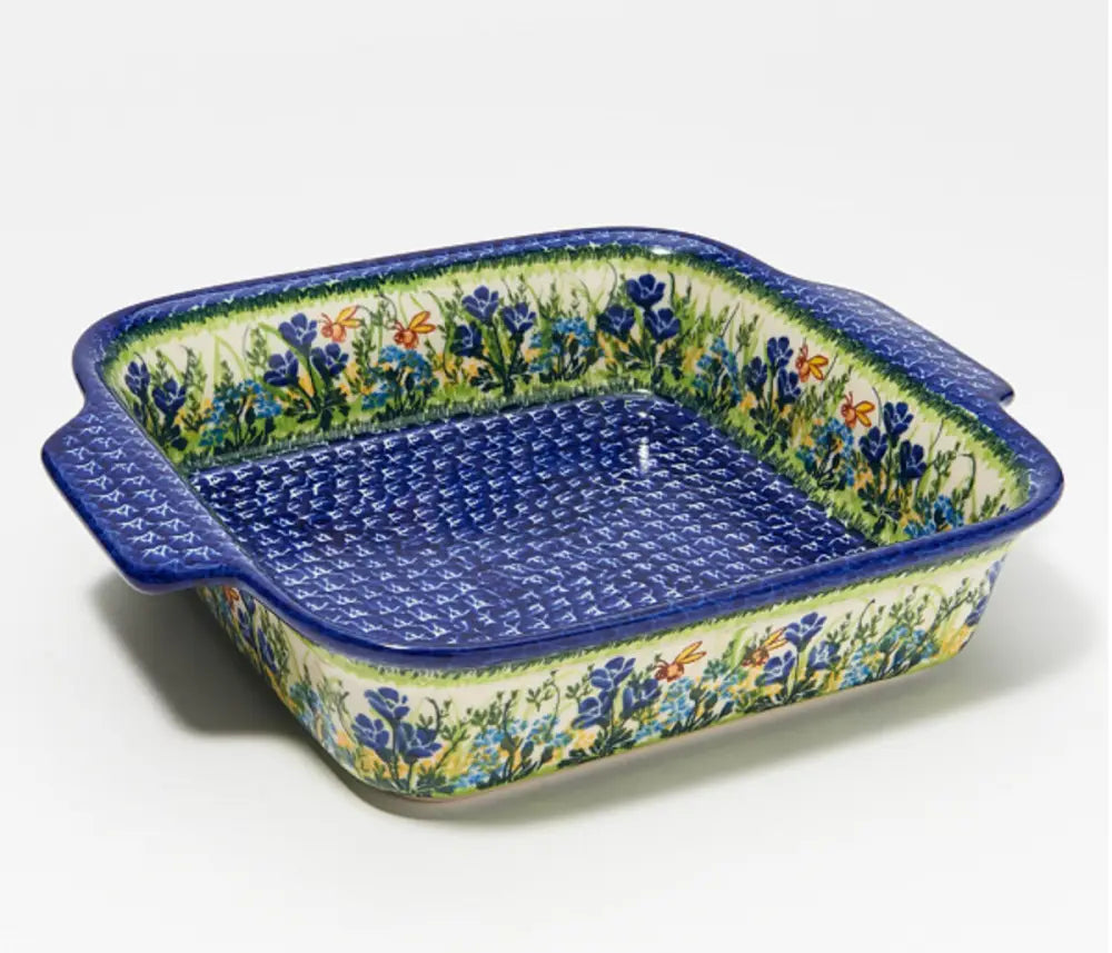 Hand painted 9x9 floral polish pottery square baker with blue and green floral pattern and textured ceramic interior
