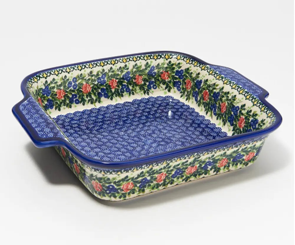 Blue and white ceramic 9x9 square baker with hand painted floral patterned handles for baking and serving