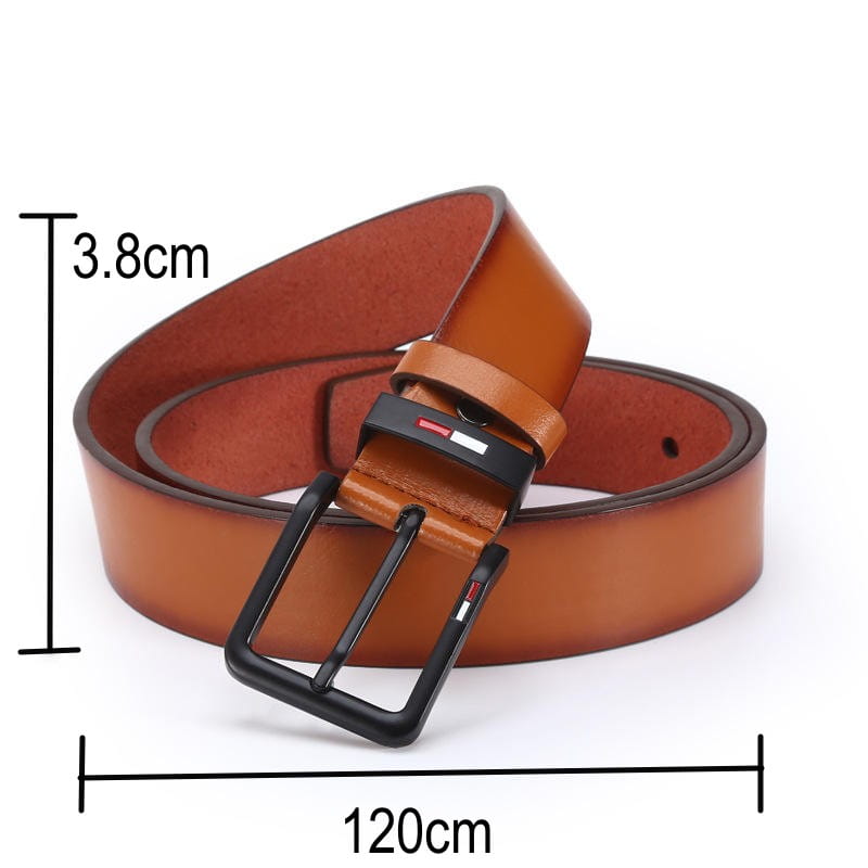 Tan pu leather men’s business belt with a casual black metal square buckle featuring the Tommy Hilfiger logo.