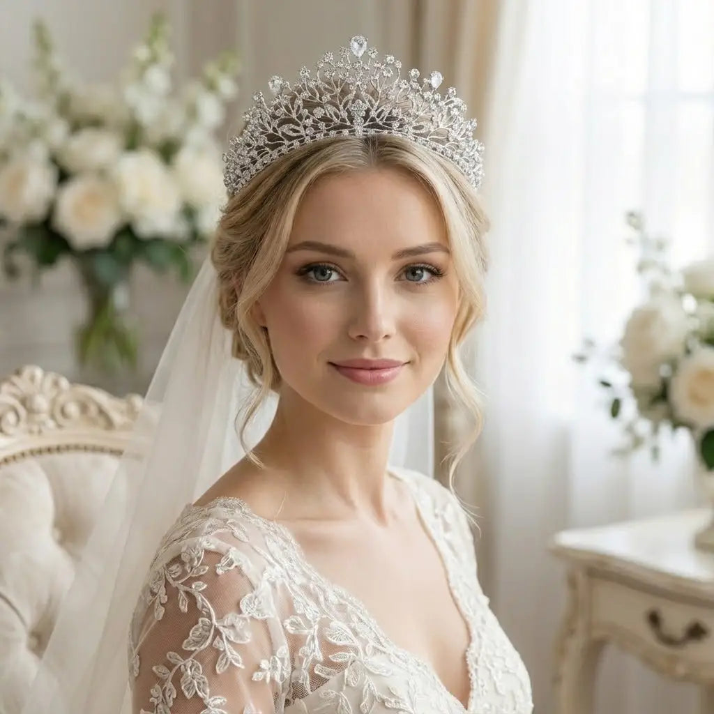 Une tiare de mariage en cristal d'argent étincelant, ornée de motifs de feuilles et de décorations semblables à des diamants, idéale pour les mariages.