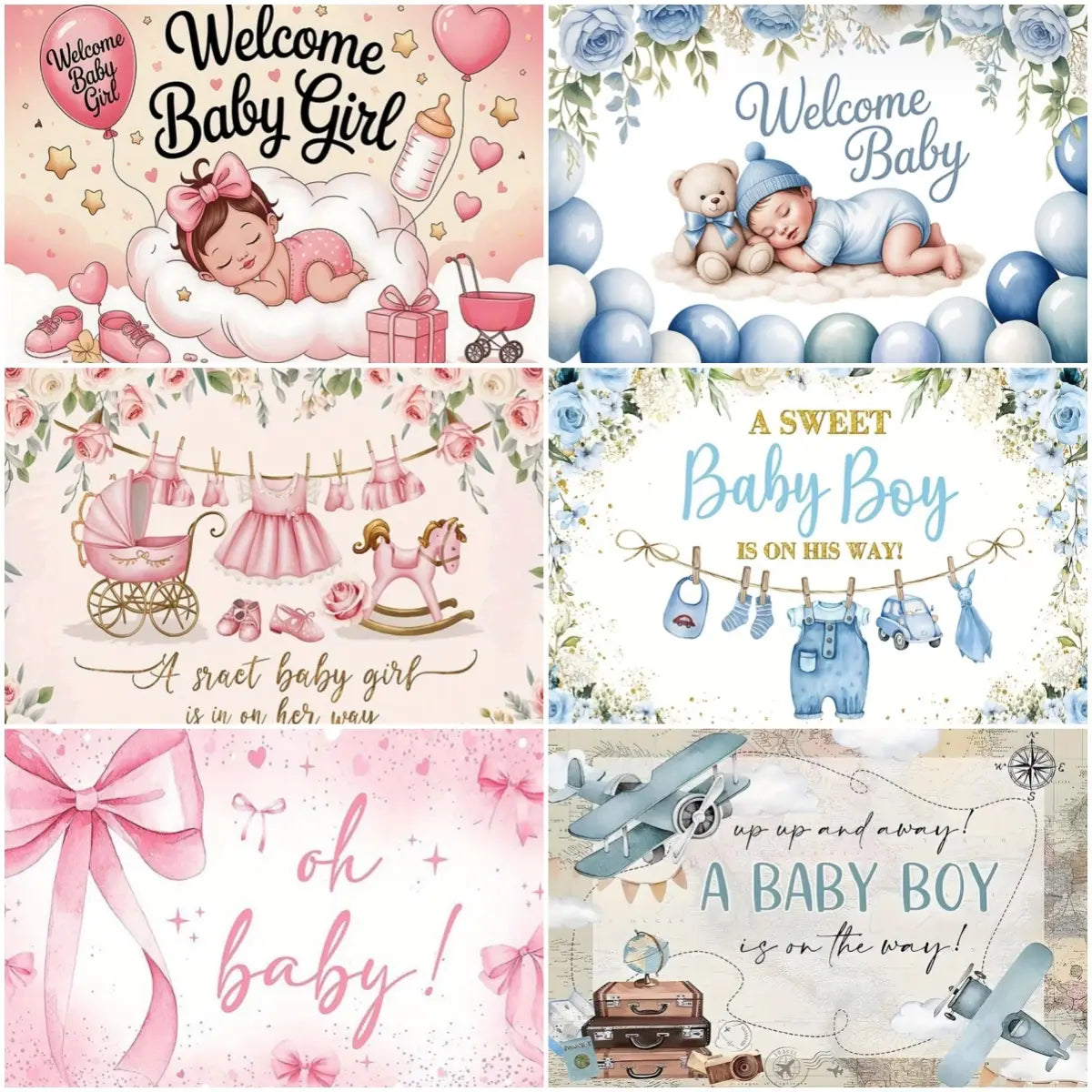 Eine Willkommensbanner für ein Baby-Mädchen in Pink mit einem schlafenden Säugling, Luftballons und floralen Akzenten in einem Teddybär-Babyduschen-Fotografie-Hintergrund.