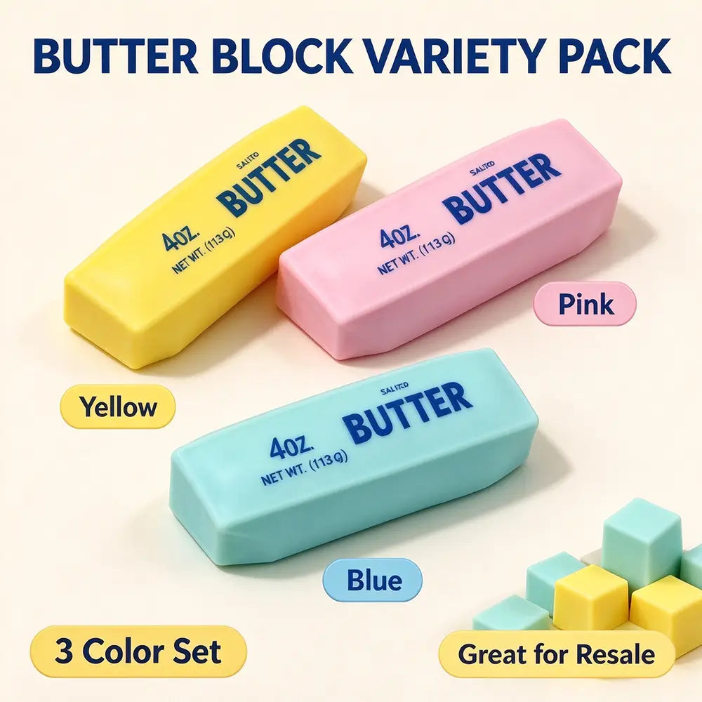 Ein Set aus drei farbenfrohen rechteckigen Butterblock-Sinnes-Fidget-Spielzeugen in Gelb, Pink und Blau, entworfen für taktile Spiel- und Stresslinderung