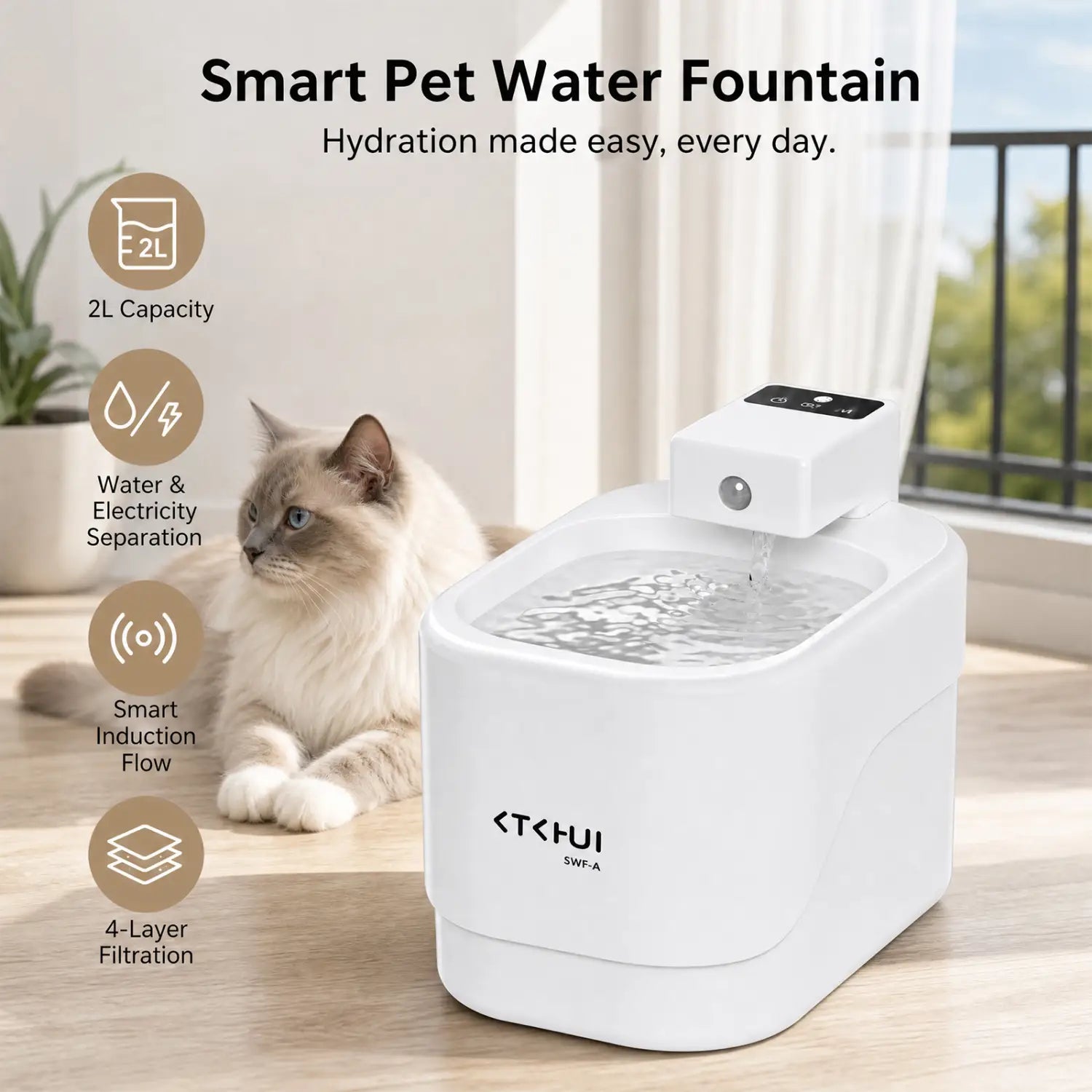 distributeur d’eau intelligent automatique pour animaux de compagnie en plastique blanc avec panneau de commande numérique et eau en écoulement visible depuis un angle frontal