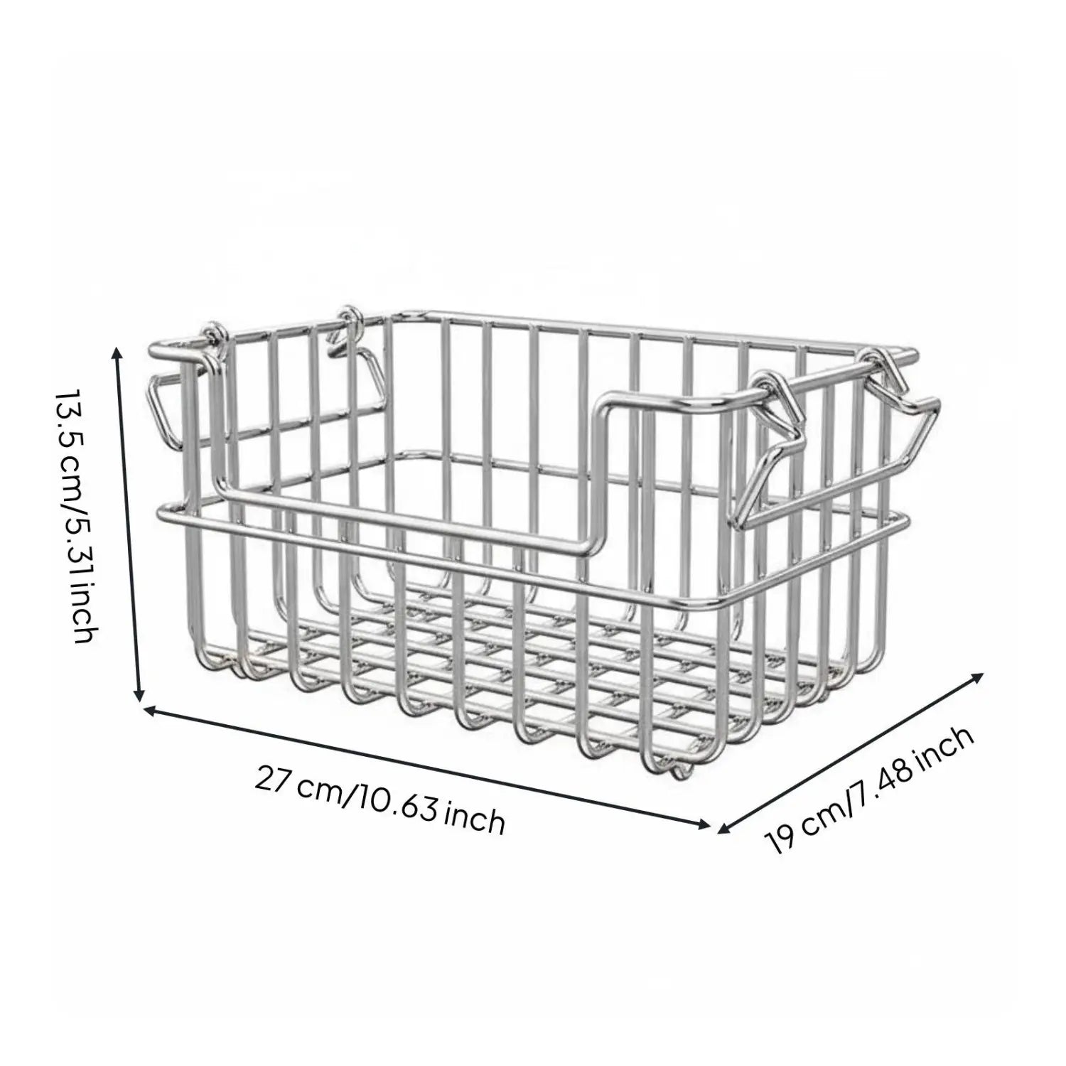 Rectangular stainless steel wire storage basket organizer with reinforced handles and grid-bottom design in silver color.