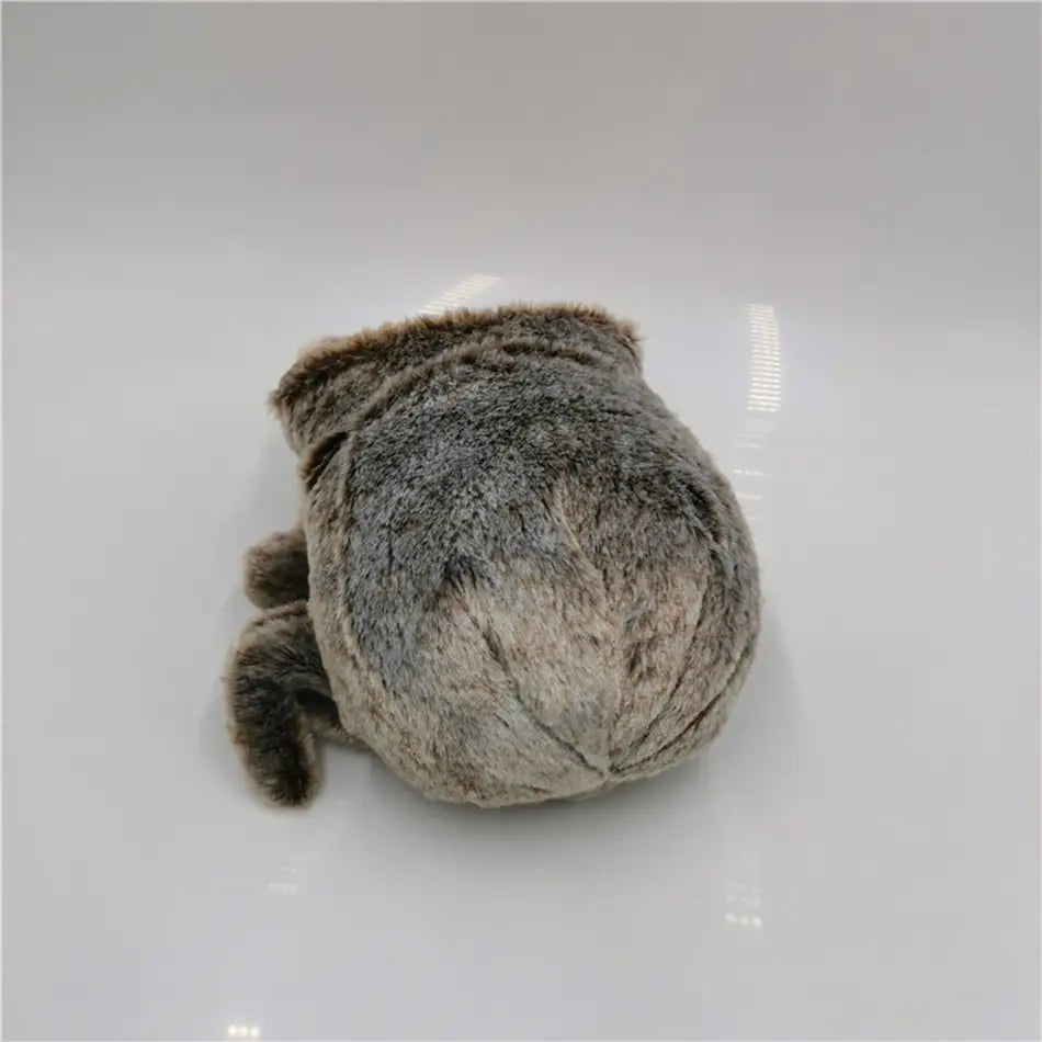 A plush toy cartoon design from mainland china featuring a gray cat-shaped stuffed animal doll with soft fluffy fur and rounded ears.