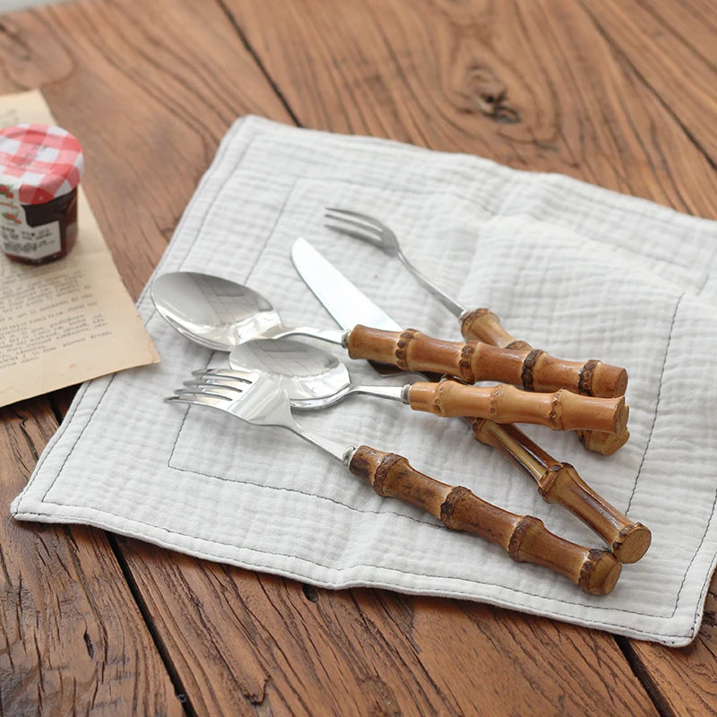 Stainless Steel Cutlery Set, Household Kitchen Utensil Flatware Sets, Nature Bamboo Handle Cutlery Sets, Dishwasher Safe