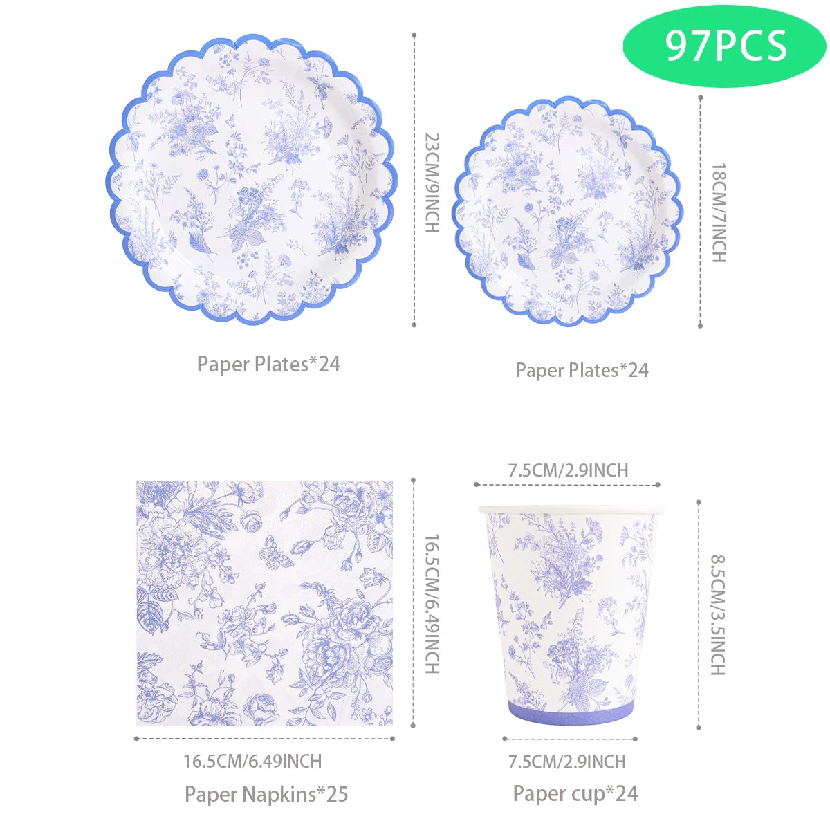 97Pcs Blue and White Porcelain Themed Disposable Tableware Set, Featuring Classic Blue and White Texture with an Elegant Chinese Style Design, Simple, Retro, and High-End. A Complete Set of Dinner Plates, Paper Cups, and Napk