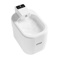 White ceramic smart automatic pet water fountain with digital control panel and flowing water visible from front angle