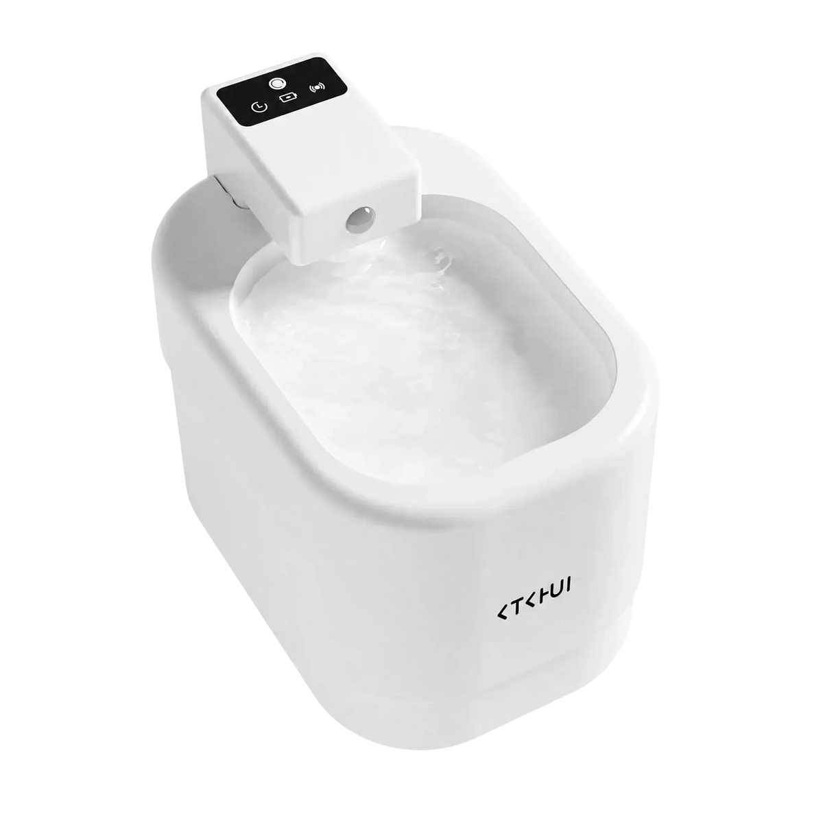 White ceramic smart automatic pet water fountain with digital control panel and flowing water visible from front angle