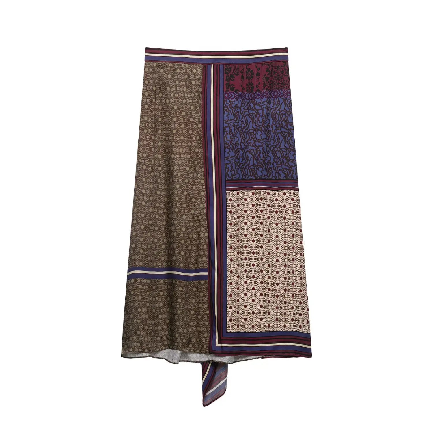Ein Patchwork-Seiden-Midirock mit geometrischen und floralen Mustern in erdigen Tönen wie Braun, Beige, tiefem Violett und Navyblau aus dem Boho-Grafikdesign zweierlei Rockset.