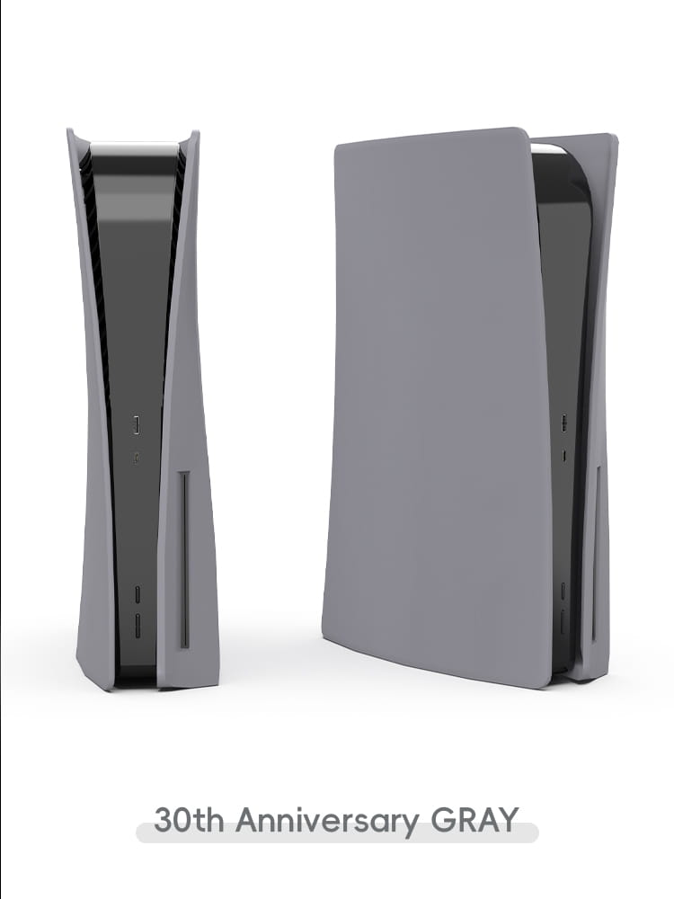 gray 30th anniversary playstation 5 disc console replacement shell in black matte featuring a sleek curved design and matte finish for ps5 disc drive enhancement