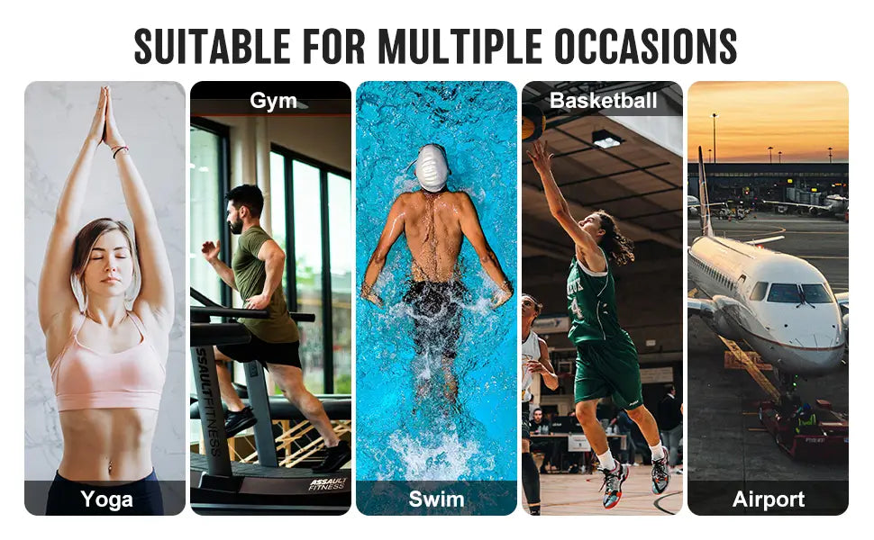 The image displays a waterproof sports gym duffel bag in navy blue designed for yoga gym swim basketball and airport use with five distinct activity scenes labeled accordingly.