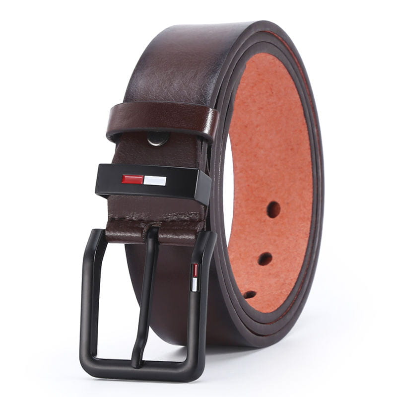 brown leather men PU leather business belt with a black square buckle featuring the Tommy Hilfiger logo for casual use