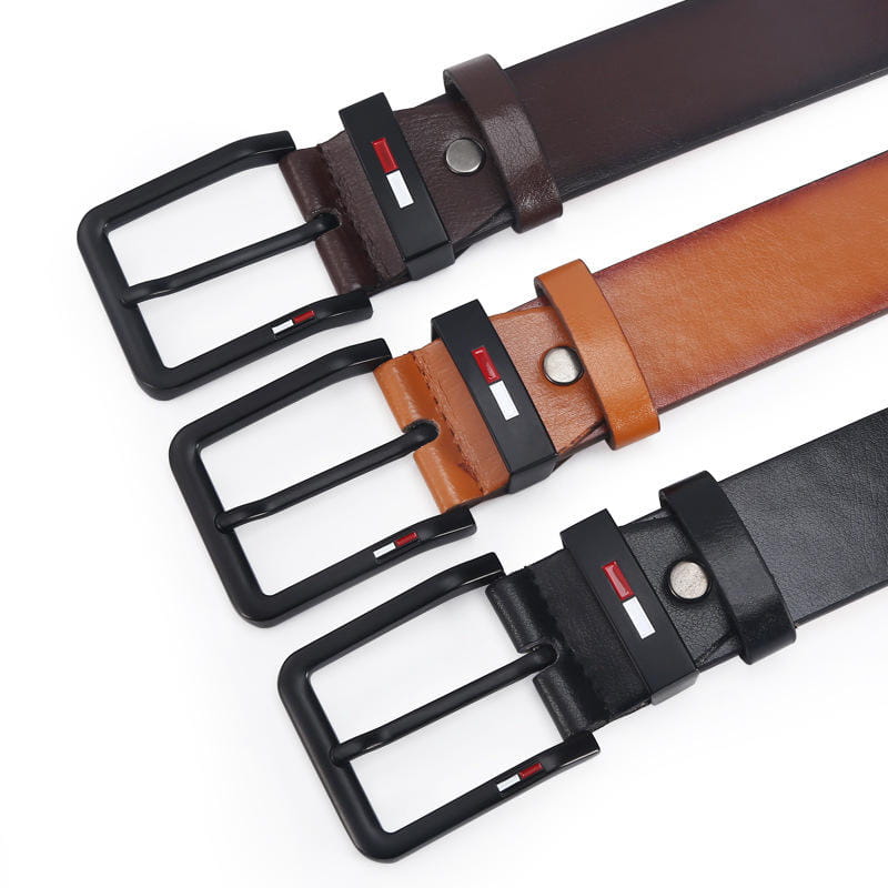 Three tommy hilfiger men pu leather business belts in brown tan and black with casual square black buckles featuring the brand’s signature red white and blue flag logo.