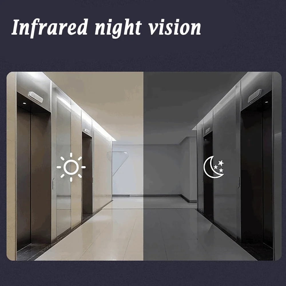 smart video doorbell 4.3 inch screen night vision showing a split-screen of an elevator hallway under daylight and infrared illumination.