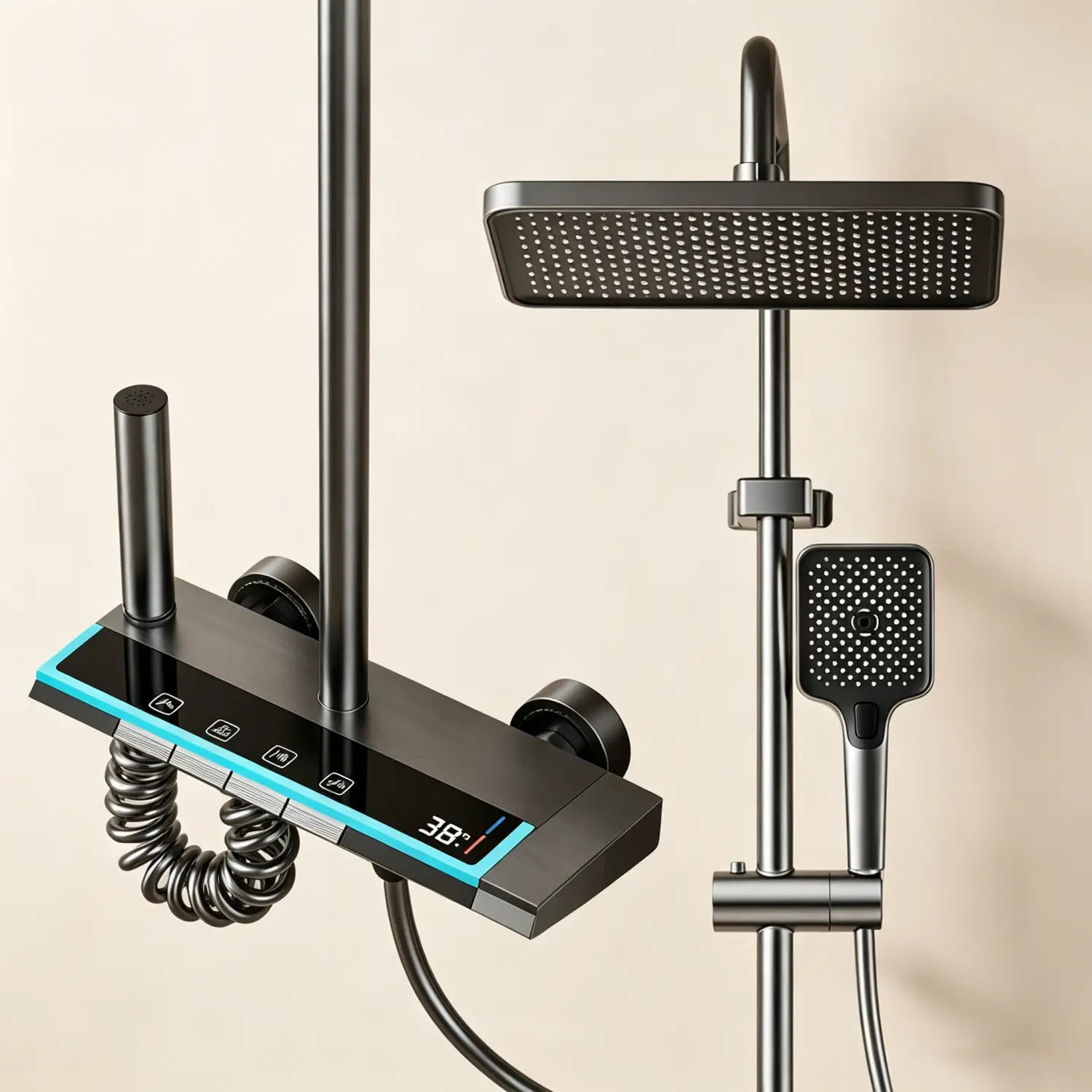 Modernes Regenbrausesystem mit matter schwarzer Oberfläche, rechteckigem Duschkopf, Handbrause und digitalem Bedienfeld mit blauer Hintergrundbeleuchtung.