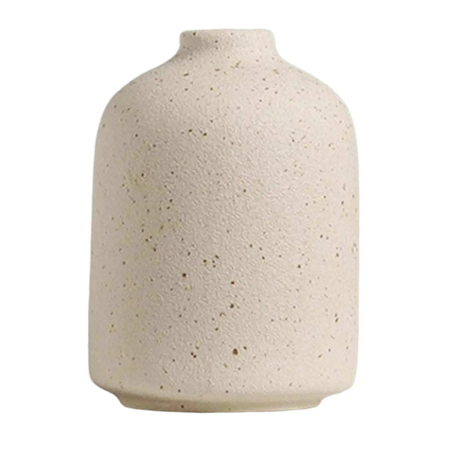 cream-colored speckled ceramic flower vase with a rounded slightly tapered body and narrow neck ideal for boho tabletop decor.