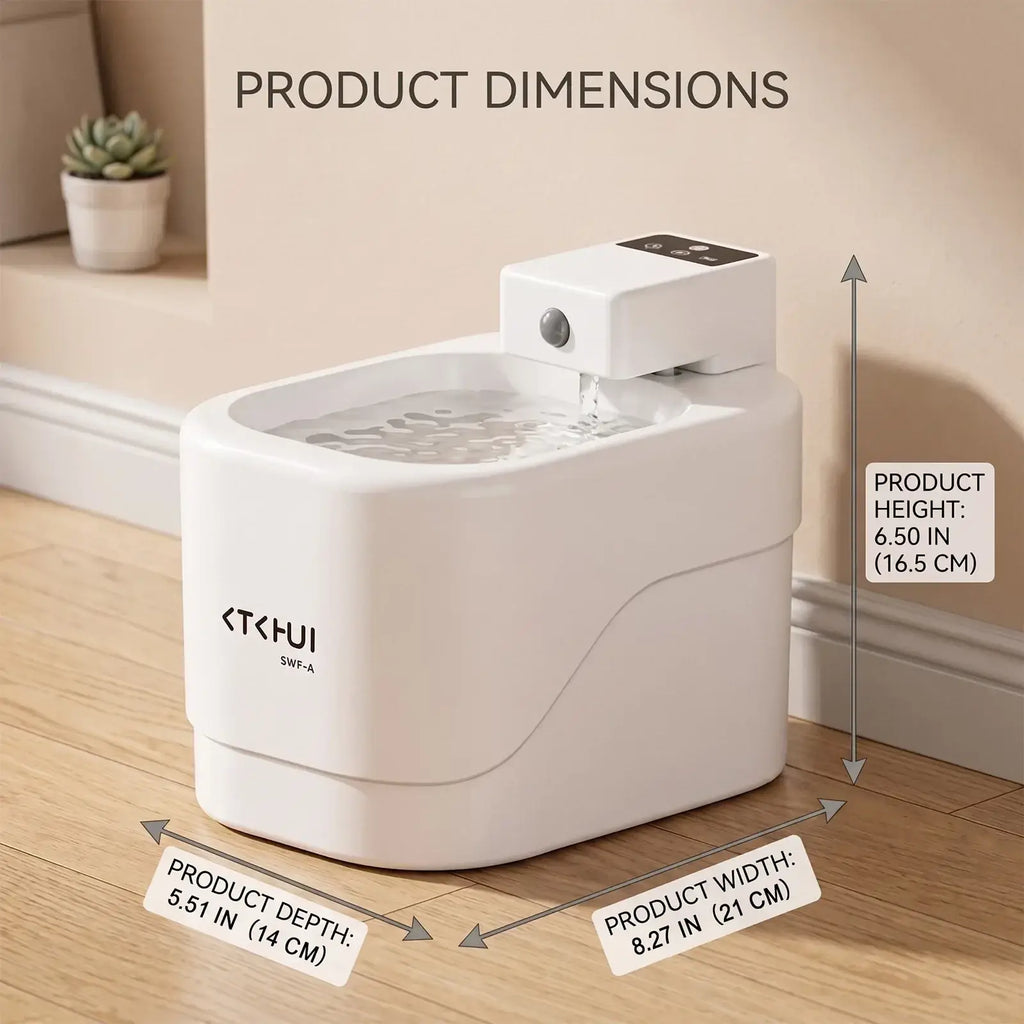 White ceramic smart automatic pet water fountain with digital control panel shown from front angle