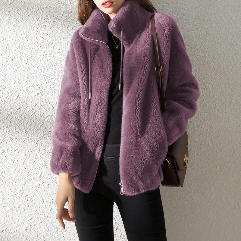 Female Winter Jacket Thickened Double-sided Velvet Stand-up Collar Warm Retro Style Elegant Short Women's Cardigan Clothes