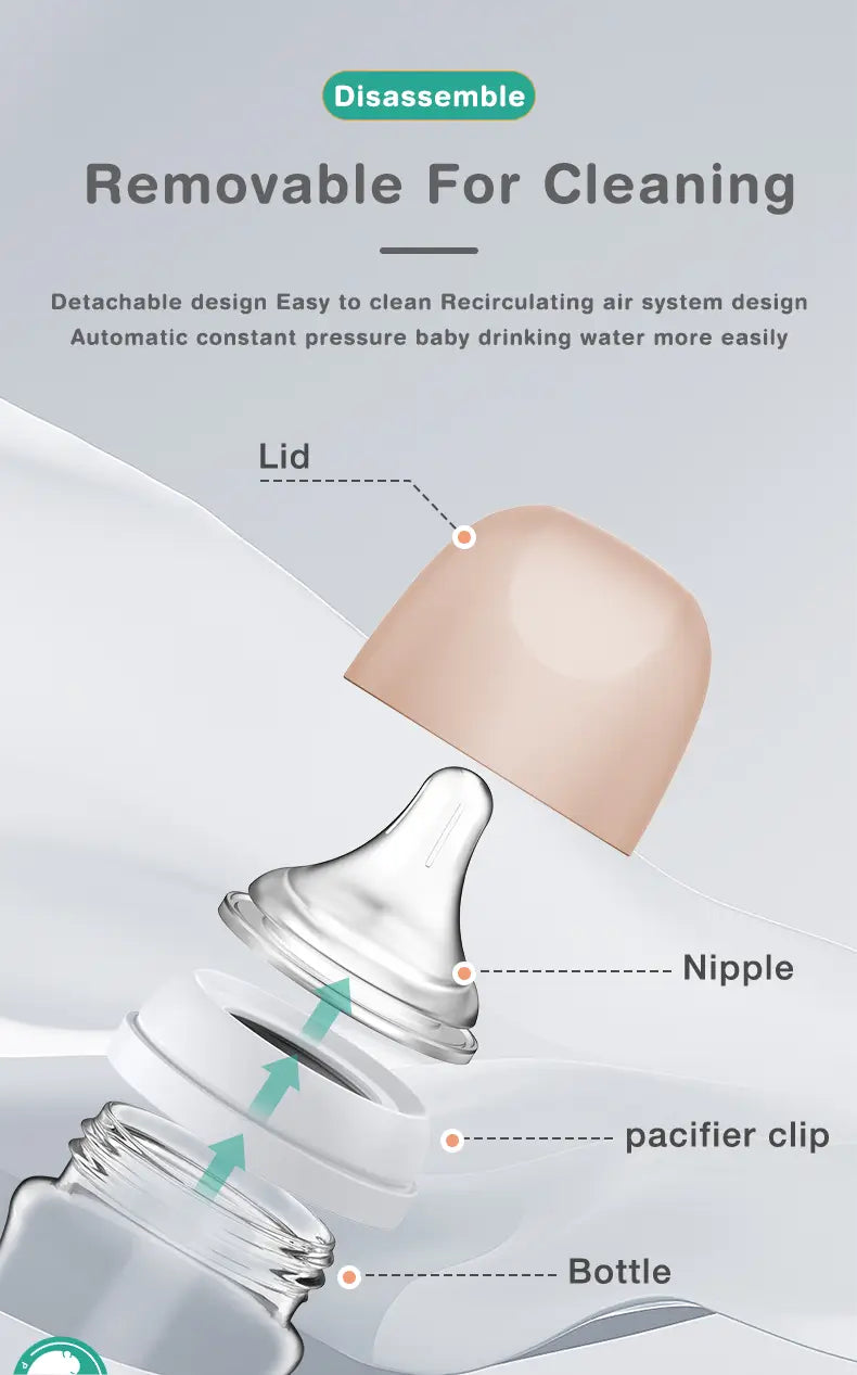 Klare Glas-Anti-Kolik-Babiflasche mit transluzent pfirsichfarbener Kappe und transparenter Silikon-Saugspitze mit automatischem Drucksystem für ein leichtes Füttern sowie BPA-freien Materialien.