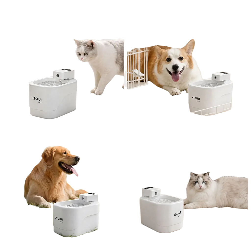 White smart automatic pet water fountain with sleek design and small digital display on top viewed from front